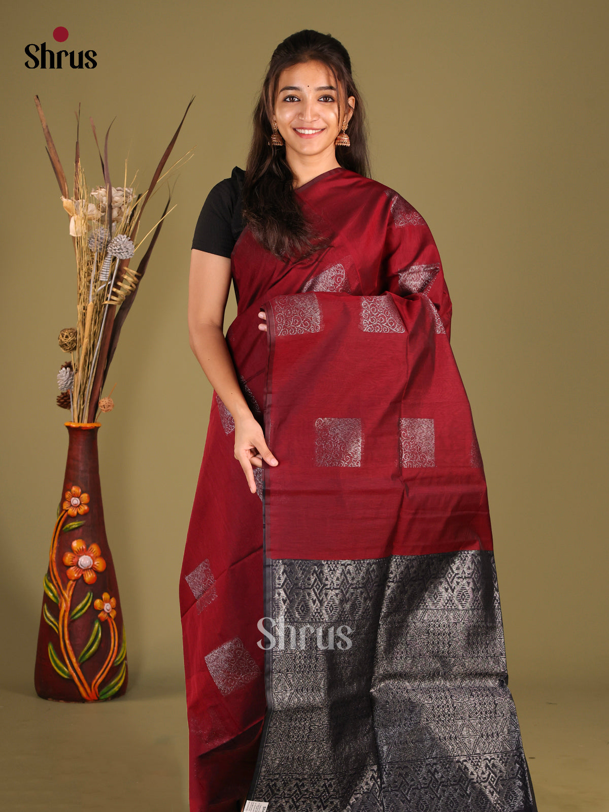 Maroon & Blue - Semi Silkcotton Saree - Shop on Shrus.com