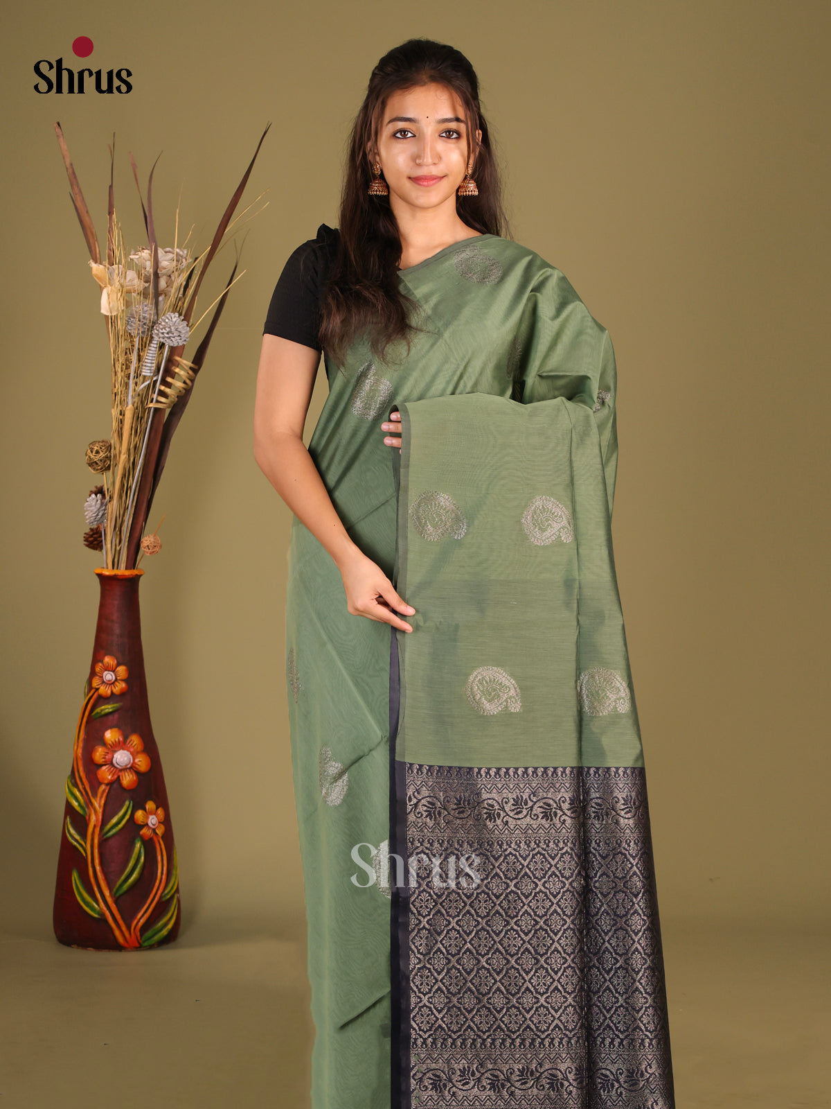 Green & Blue - Semi Silkcotton Saree - Shop on Shrus.com