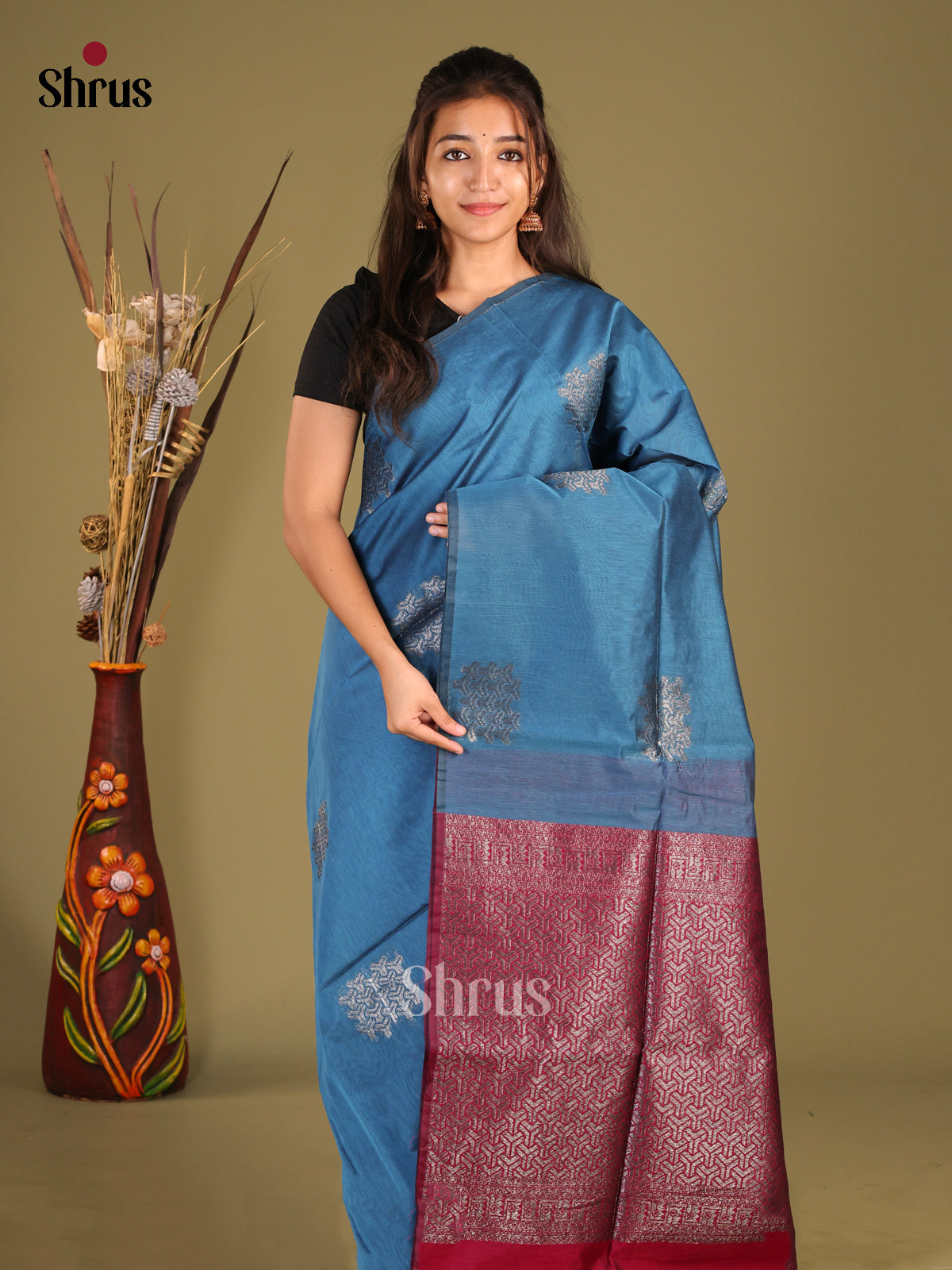 Blue & Maroon - Semi Silkcotton Saree
