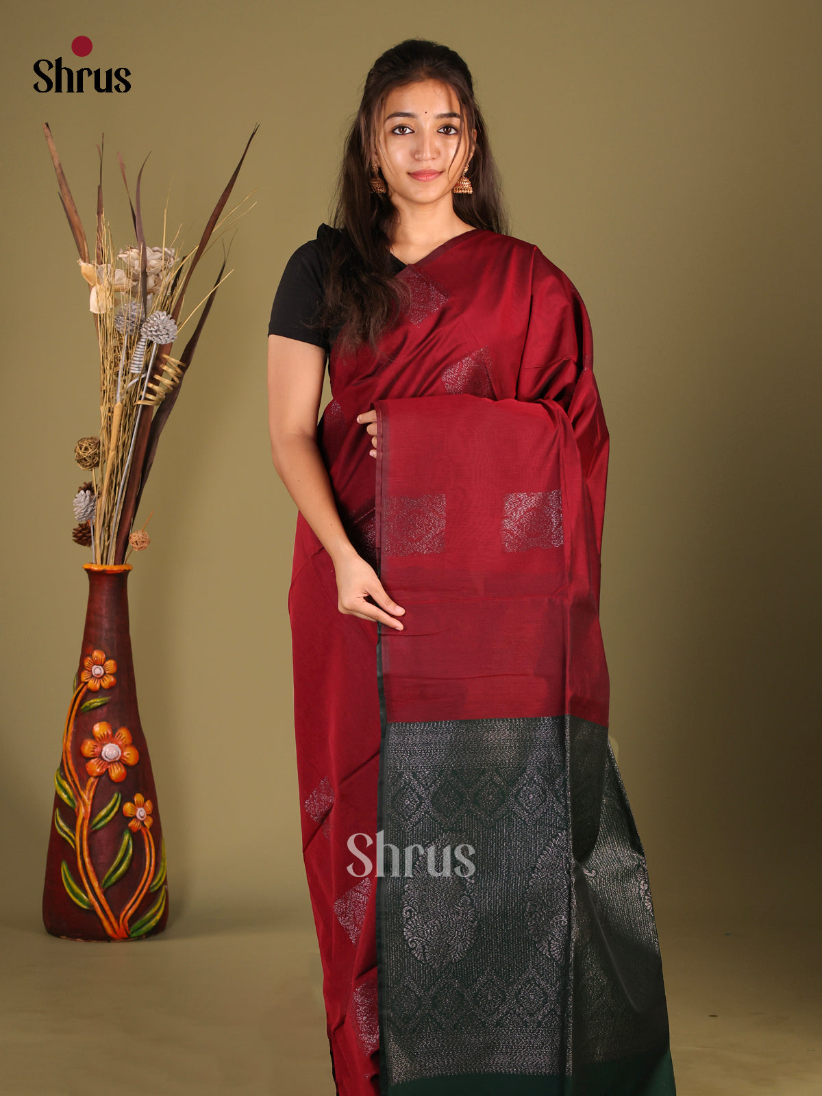 Maroon & Green - Semi Silkcotton Saree - Shop on Shrus.com
