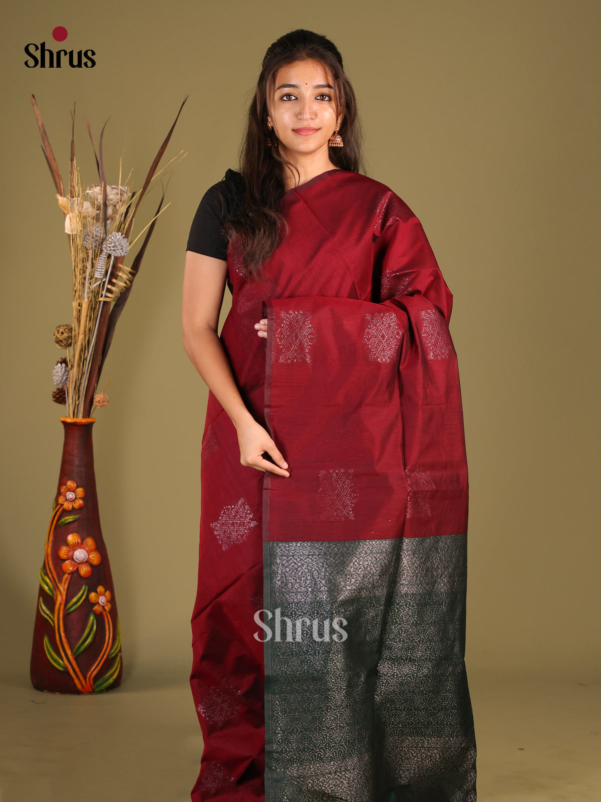 Maroon & Green- Semi Silkcotton Saree - Shop on Shrus.com