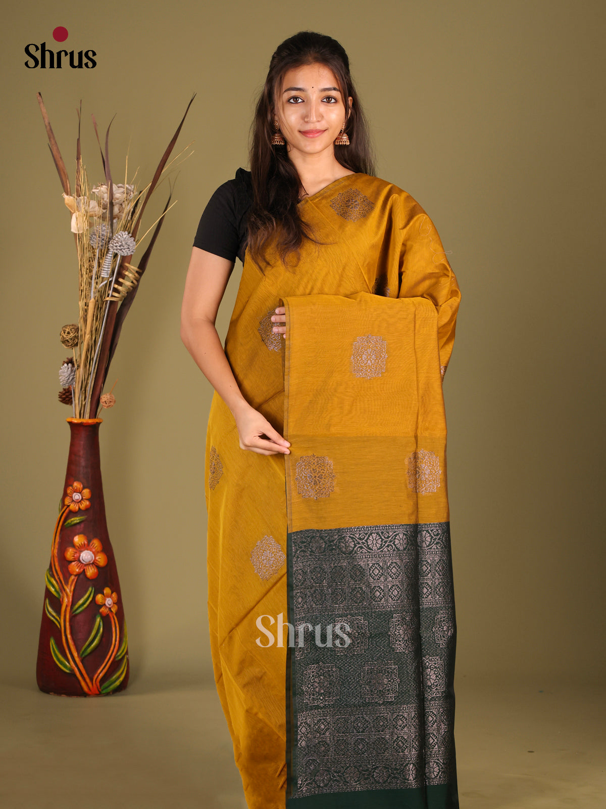 Mustardy Green & Green - Semi Silkcotton Saree - Shop on Shrus.com