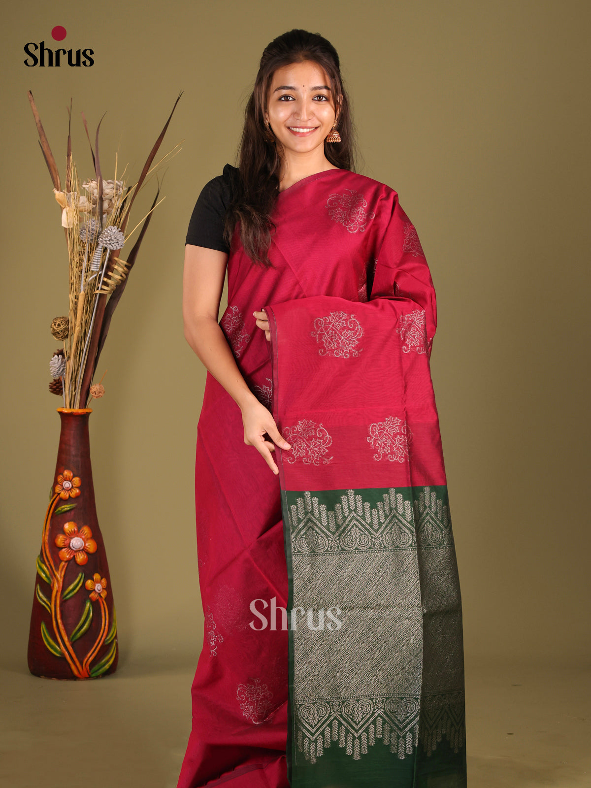 Maroon & Green - Semi Silkcotton Saree - Shop on Shrus.com