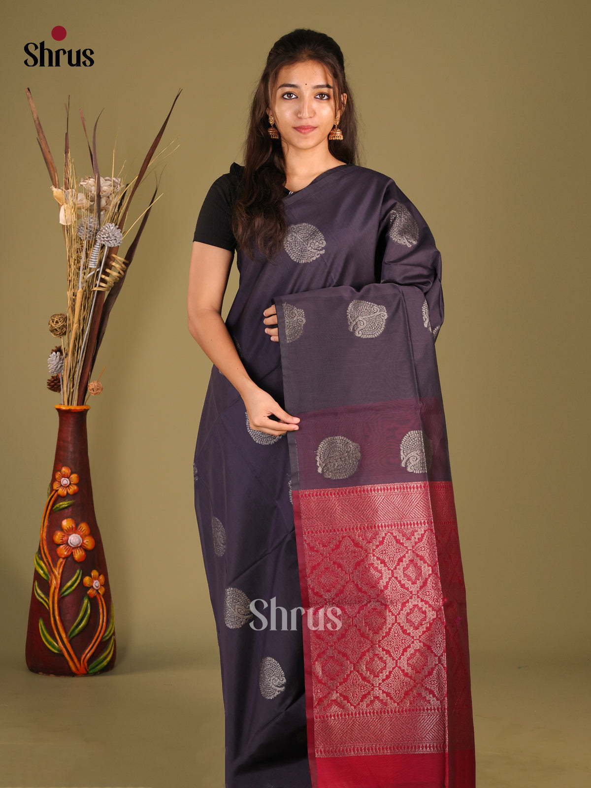 Navy Blue & Maroon- Semi Silkcotton Saree - Shop on Shrus.com