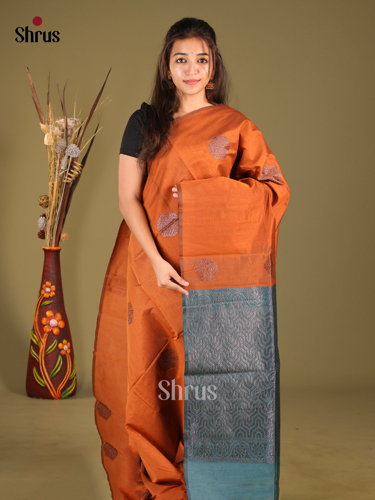 Orange & Bluish Grey- Semi Silkcotton Saree - Shop on Shrus.com