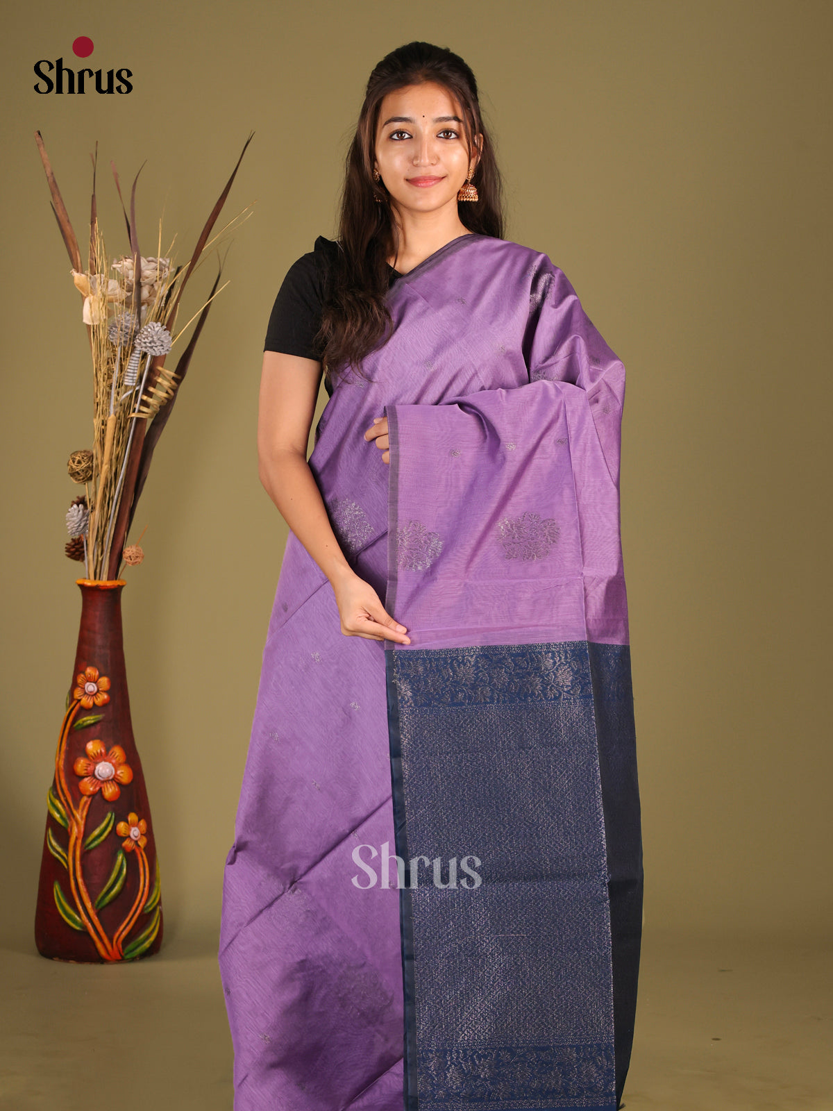 Lavender & Blue- Semi Silkcotton Saree - Shop on Shrus.com