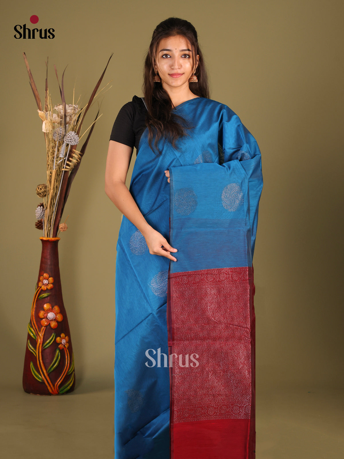 Blue & Maroon - Semi Silkcotton Saree