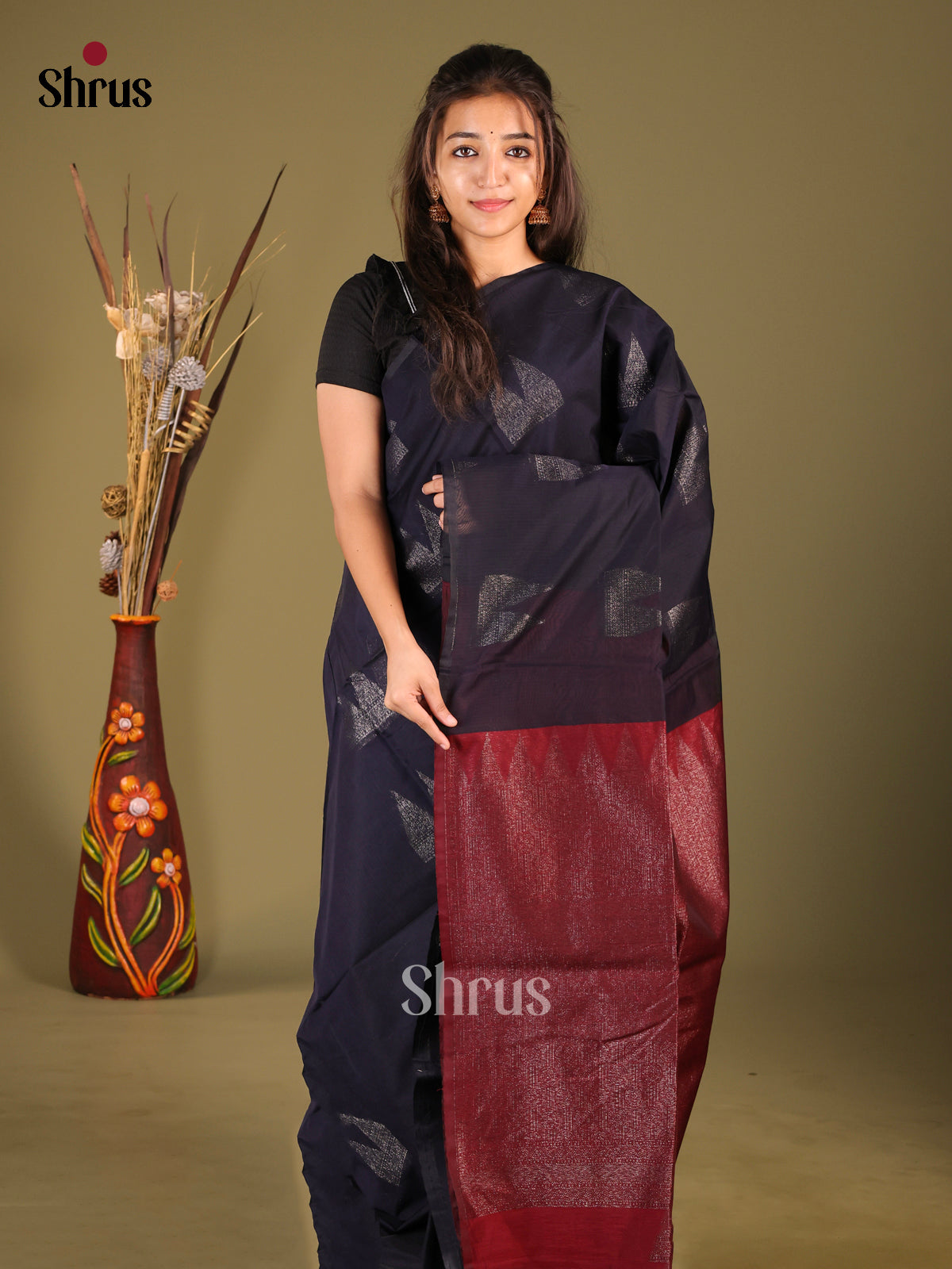 Navy Blue & Maroon - Semi Silkcotton Saree
