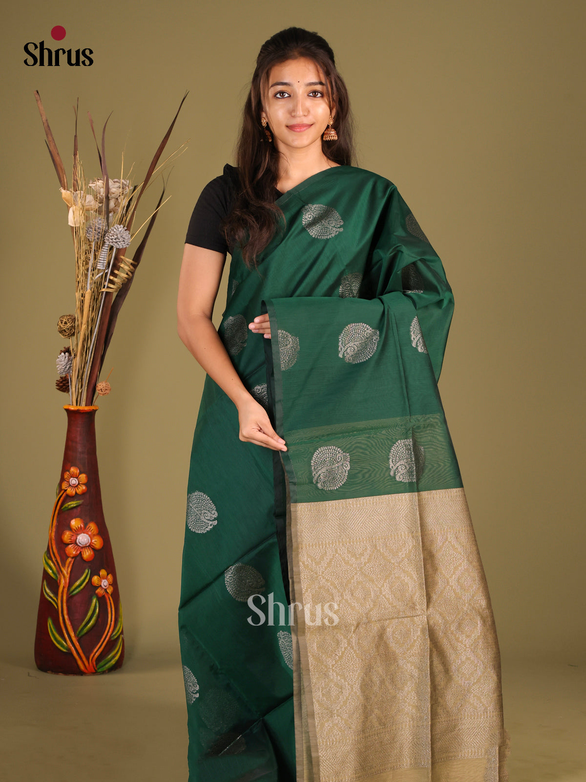 Green & Elachi - Semi Silkcotton Saree - Shop on Shrus.com