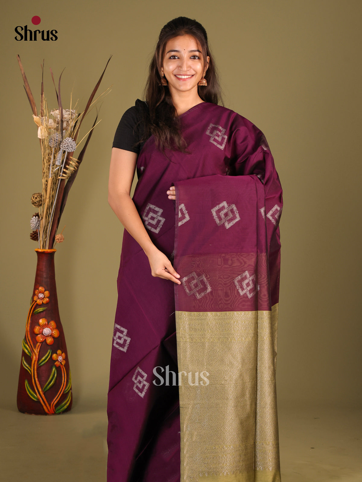 Wine & Elachi Green- Semi Silkcotton Saree
