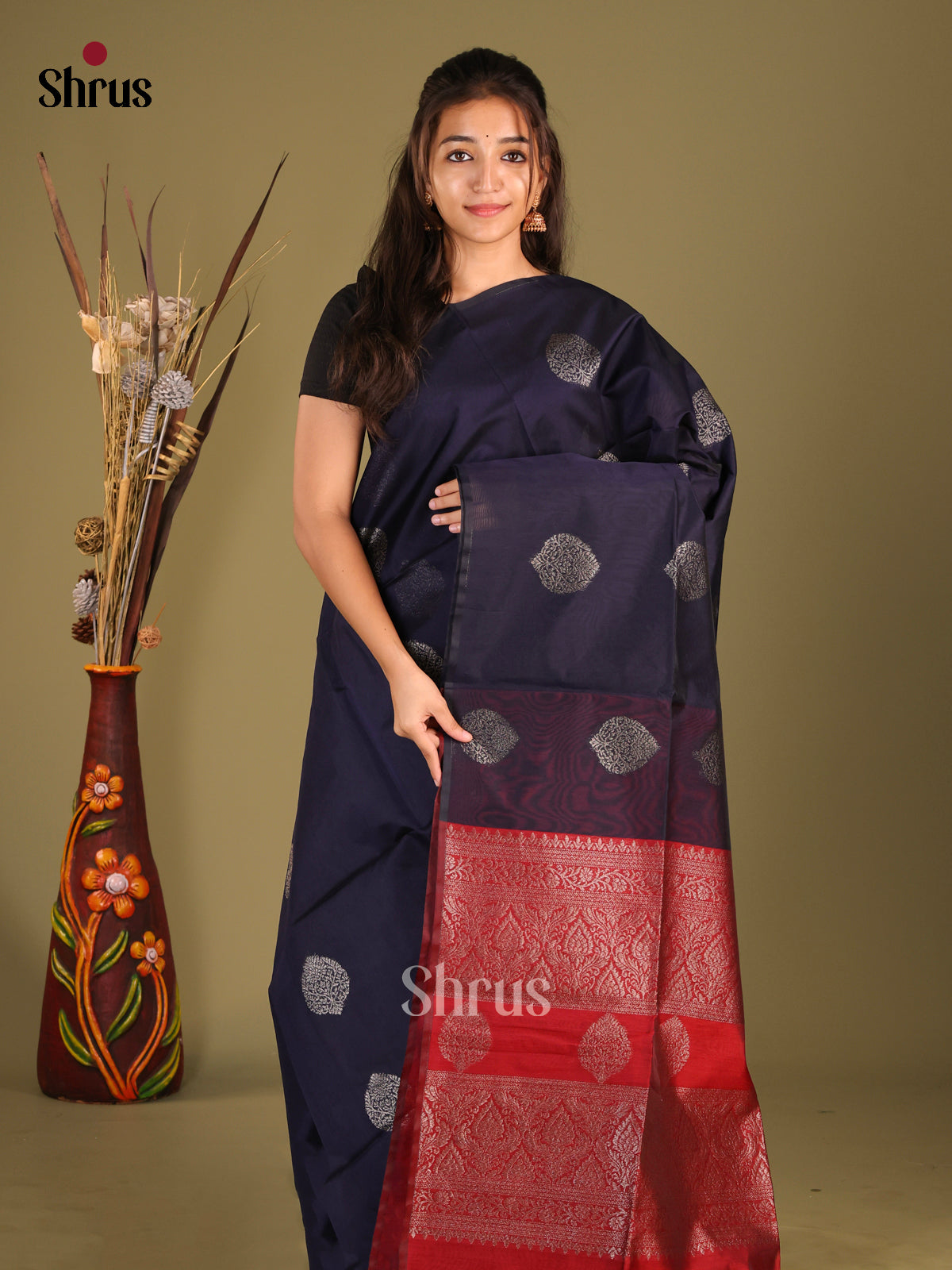 Blue & Red- Semi Silkcotton Saree