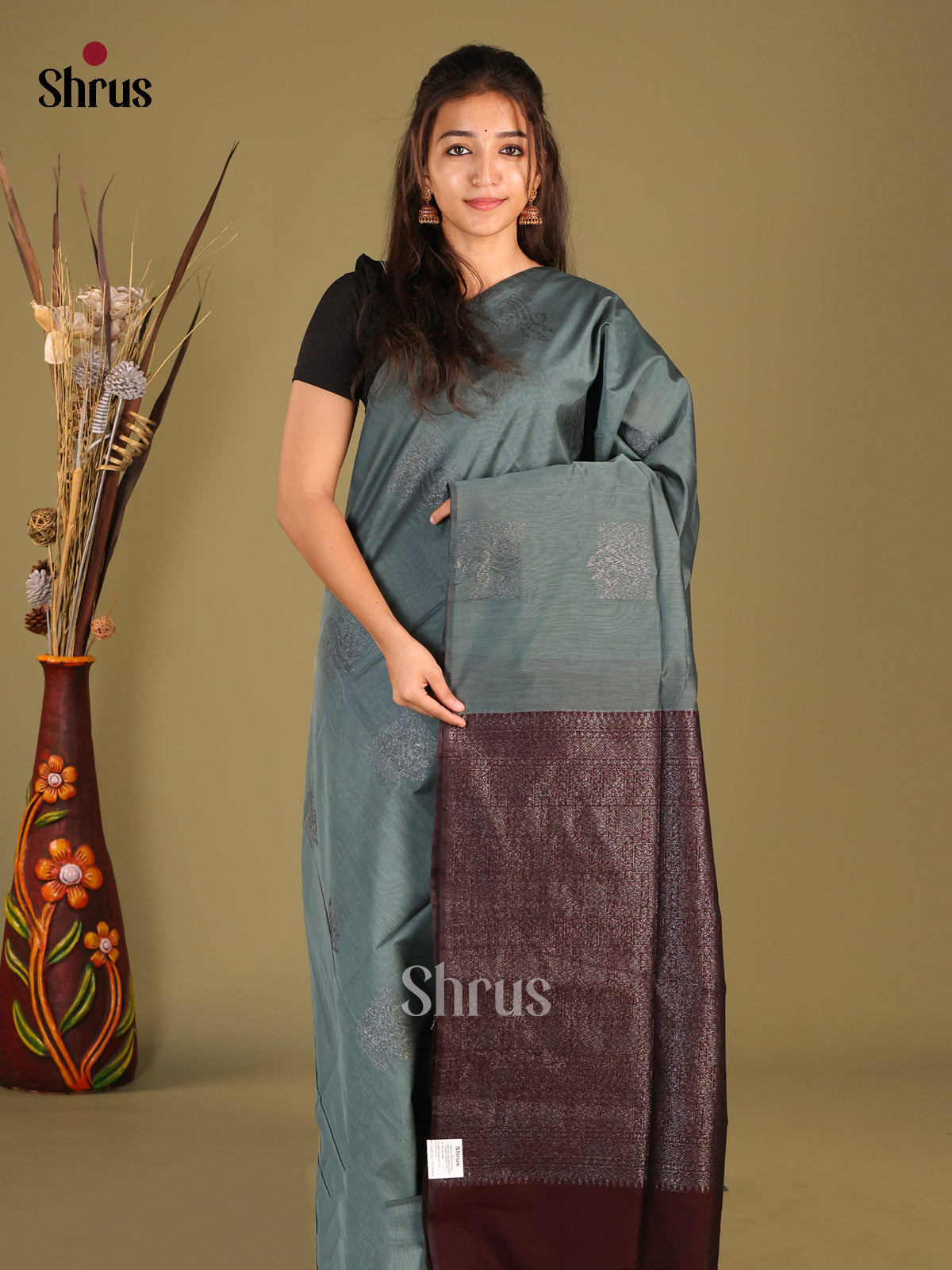 Grey & Brown - Semi Silkcotton Saree - Shop on Shrus.com