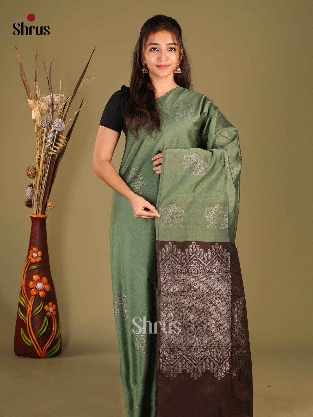 Green & Brown- Semi Silkcotton Saree - Shop on Shrus.com