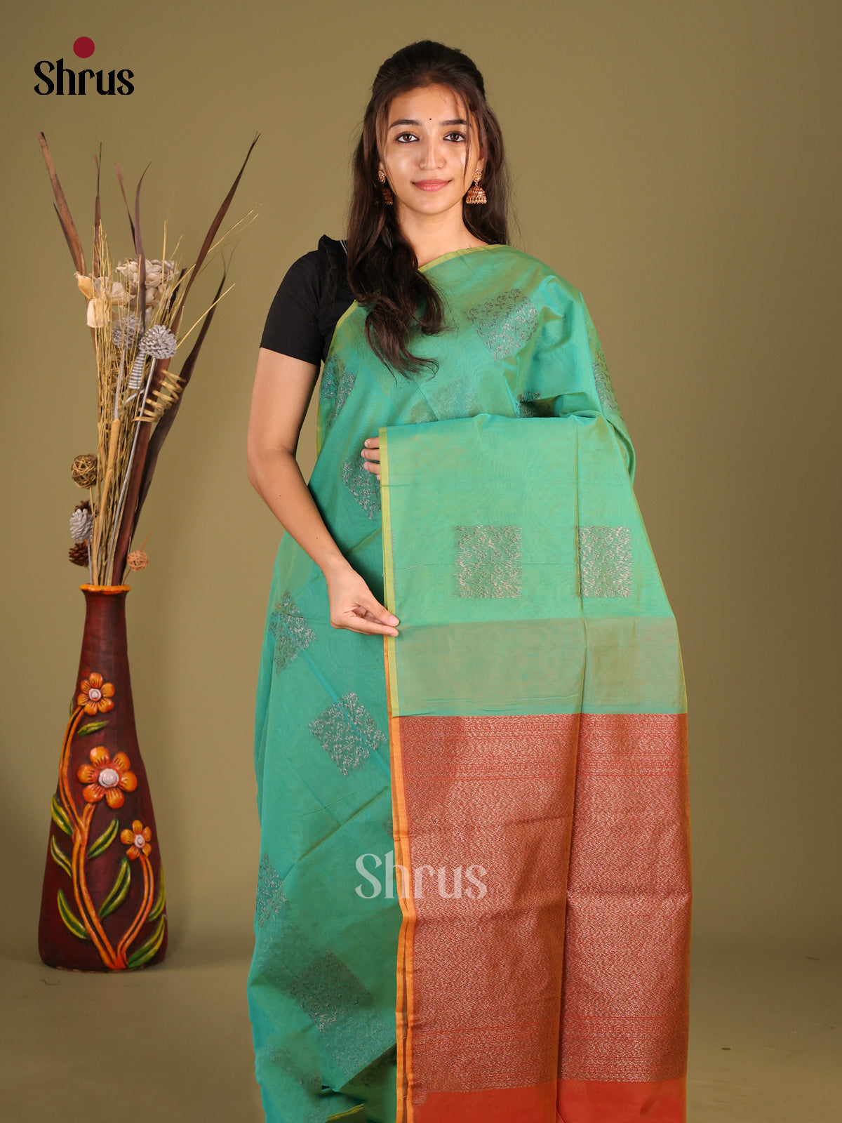 Green & Brick - Semi Silkcotton Saree - Shop on Shrus.com