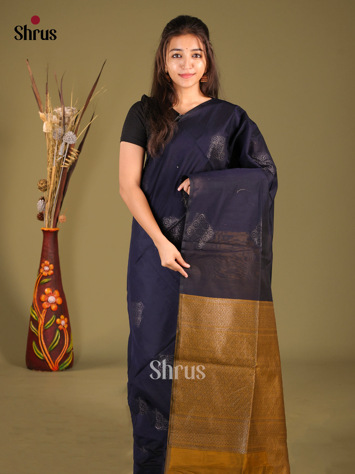 Navy Blue & Mehandi - Semi Silkcotton Saree - Shop on Shrus.com