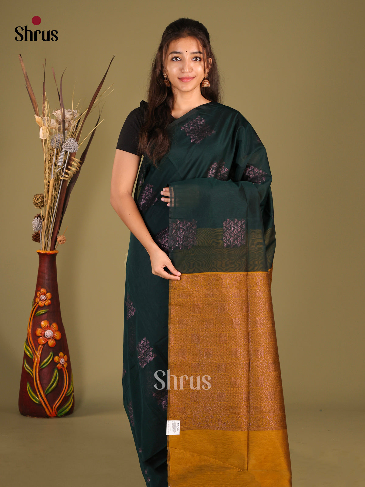 Dark Green & Mehandi - Semi Silkcotton Saree - Shop on Shrus.com