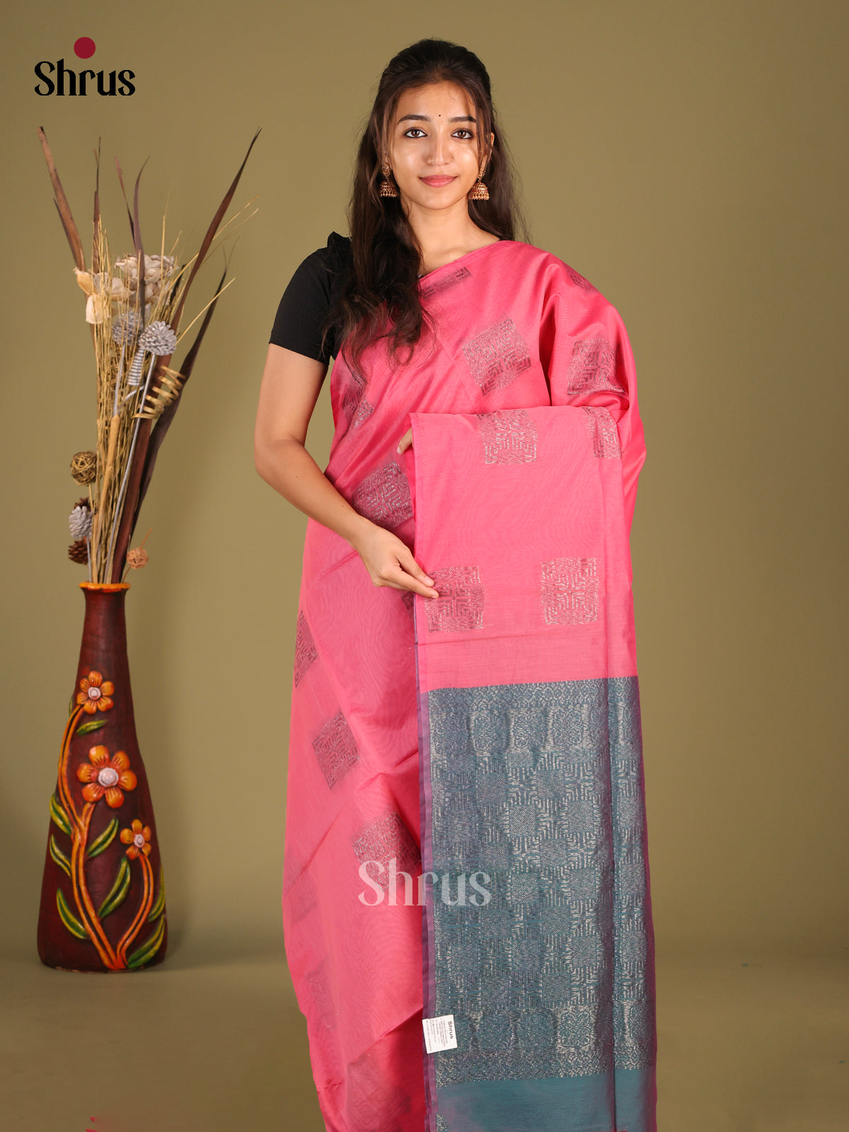 Pink & Blue- Semi Silkcotton Saree - Shop on Shrus.com