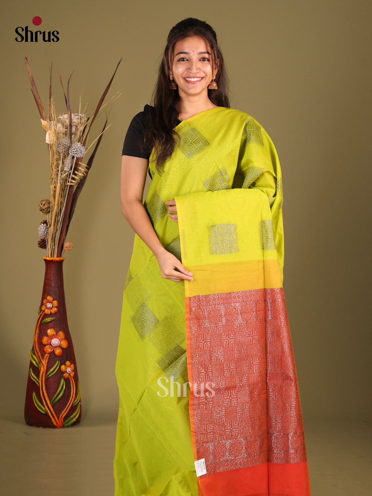 Light Green & Orange - Semi Silkcotton Saree - Shop on Shrus.com