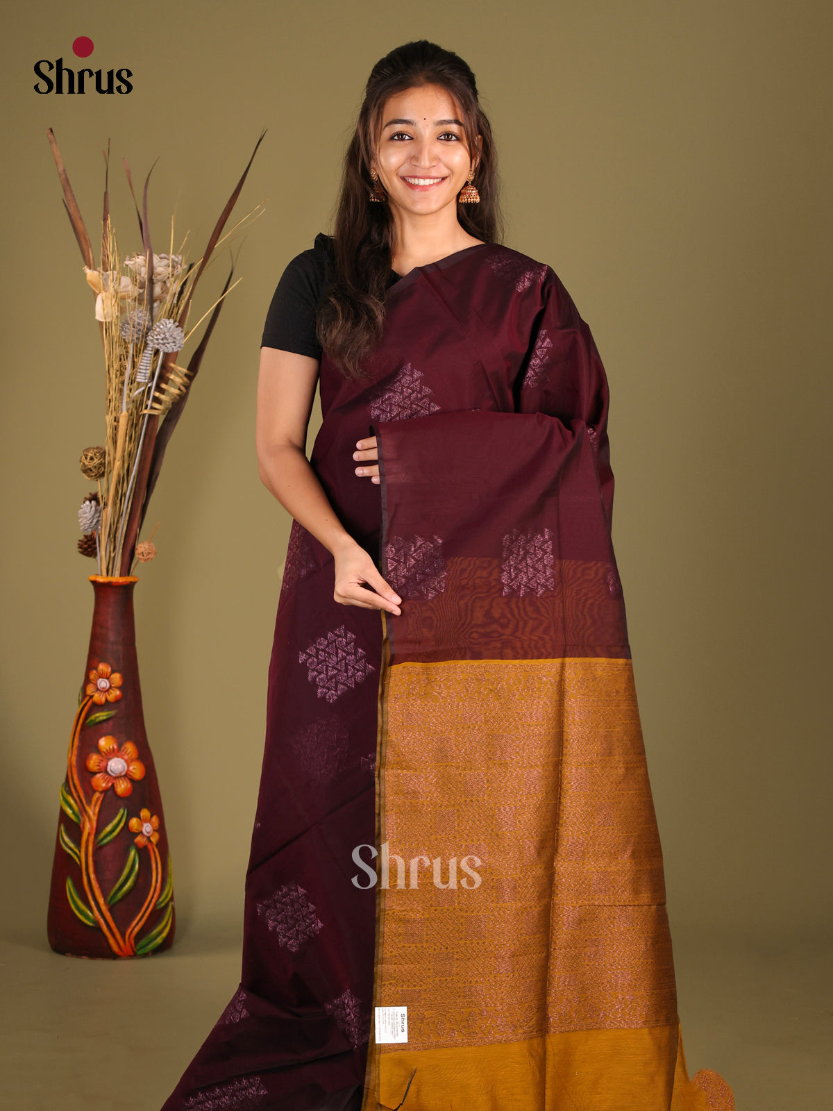 Maroon & Mehandi- Semi Silkcotton Saree - Shop on Shrus.com