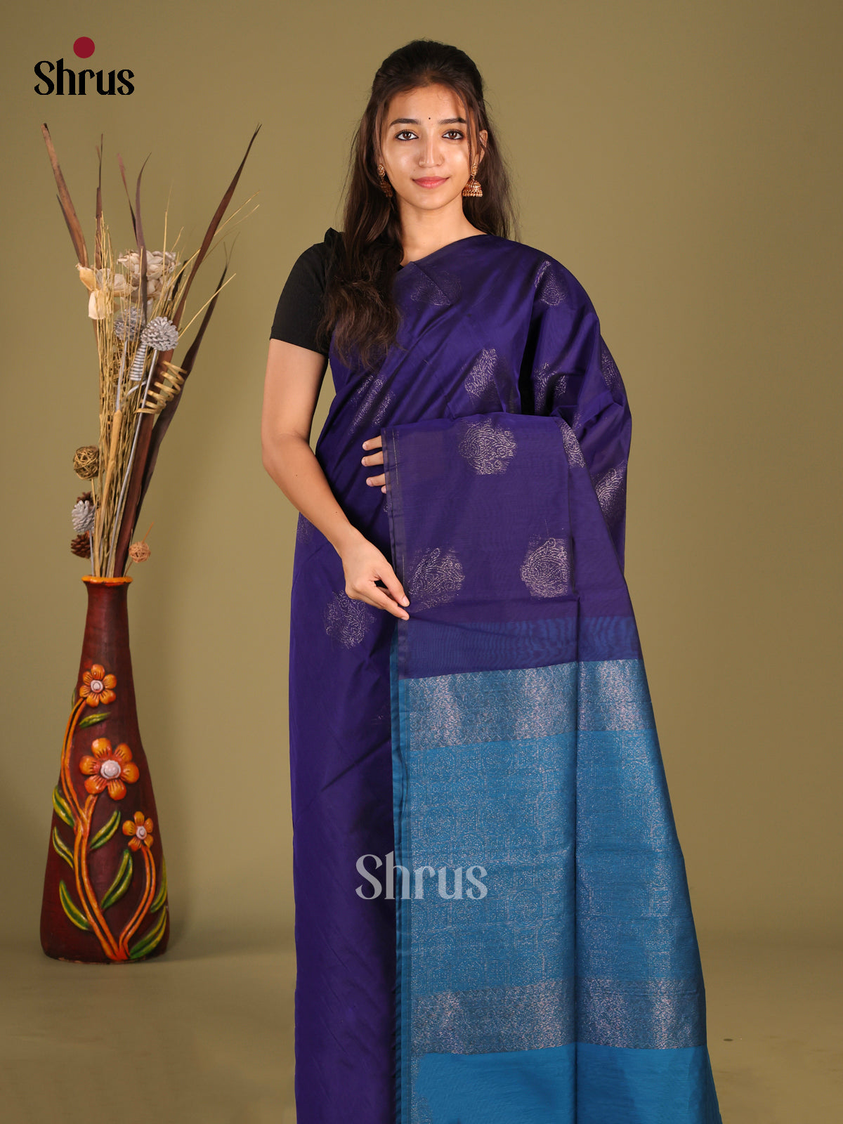 Dark Blue & Blue - Semi Silkcotton Saree - Shop on Shrus.com