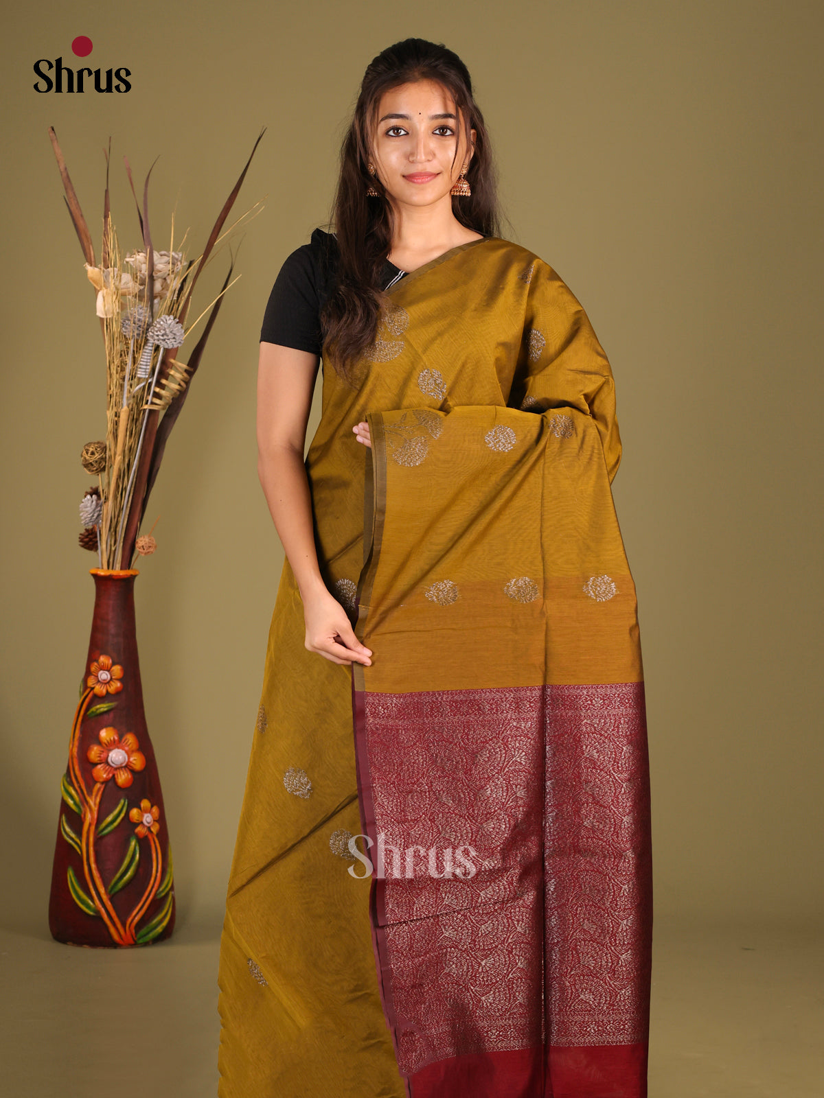 Mehandi green & Maroon- Semi Silkcotton Saree - Shop on Shrus.com