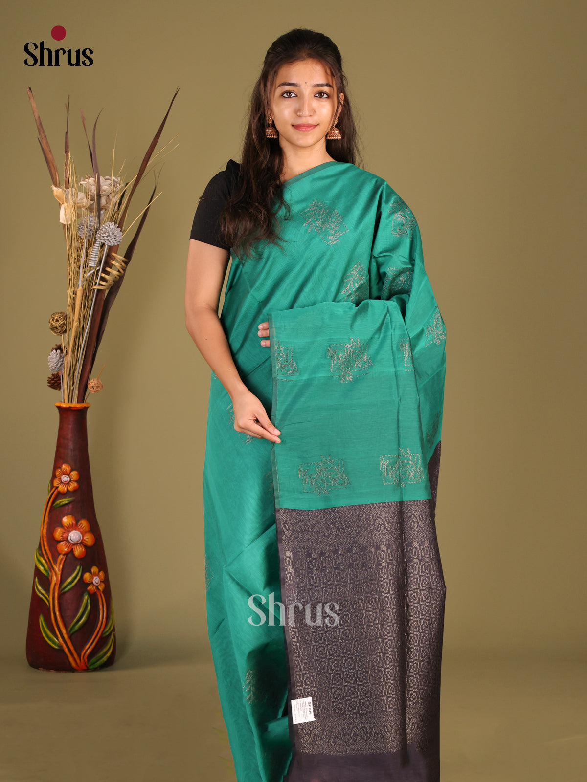Green & Blue - Semi Silkcotton Saree - Shop on Shrus.com