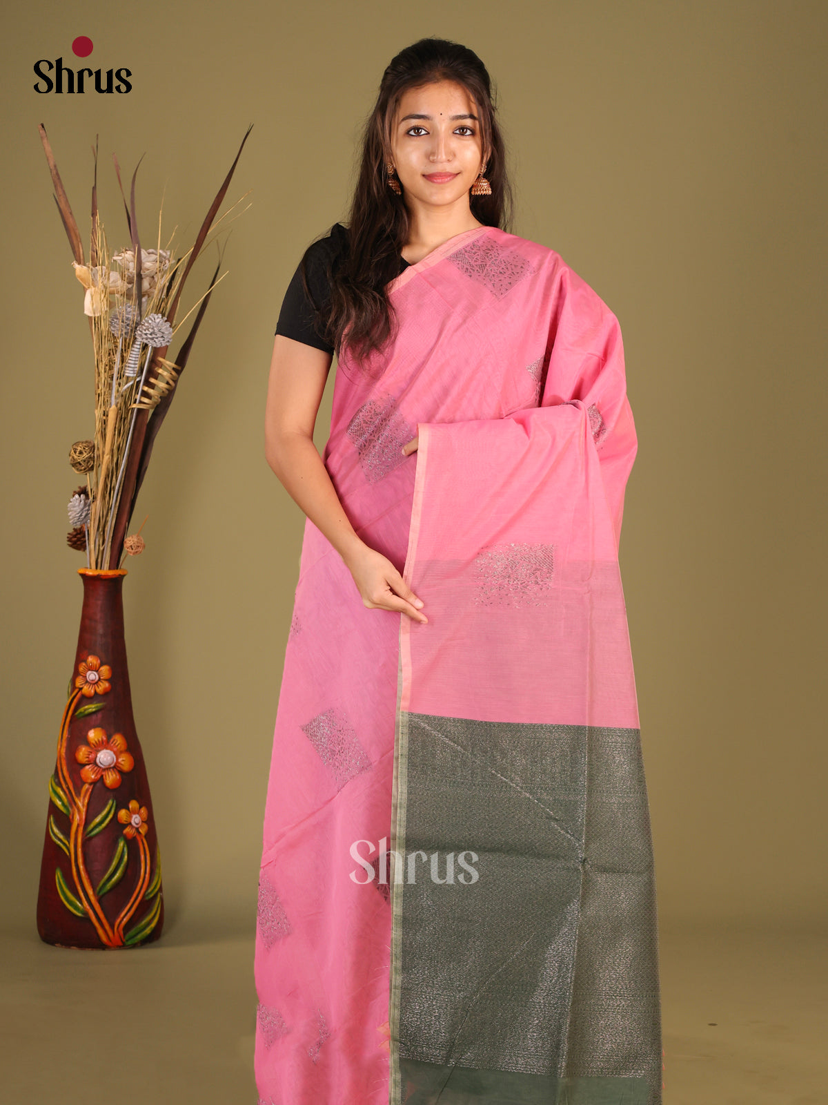 Pink & Green - Semi Silkcotton Saree