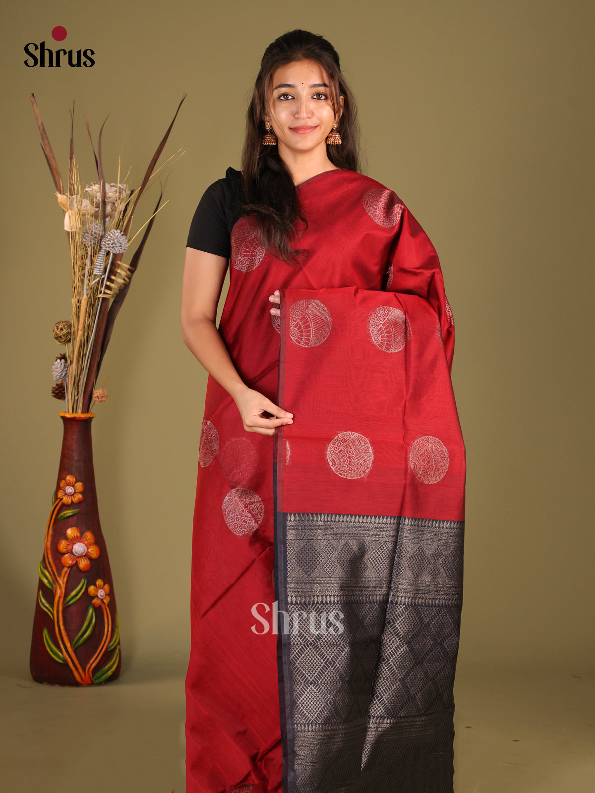 Maroon & Blue - Semi Silkcotton Saree - Shop on Shrus.com