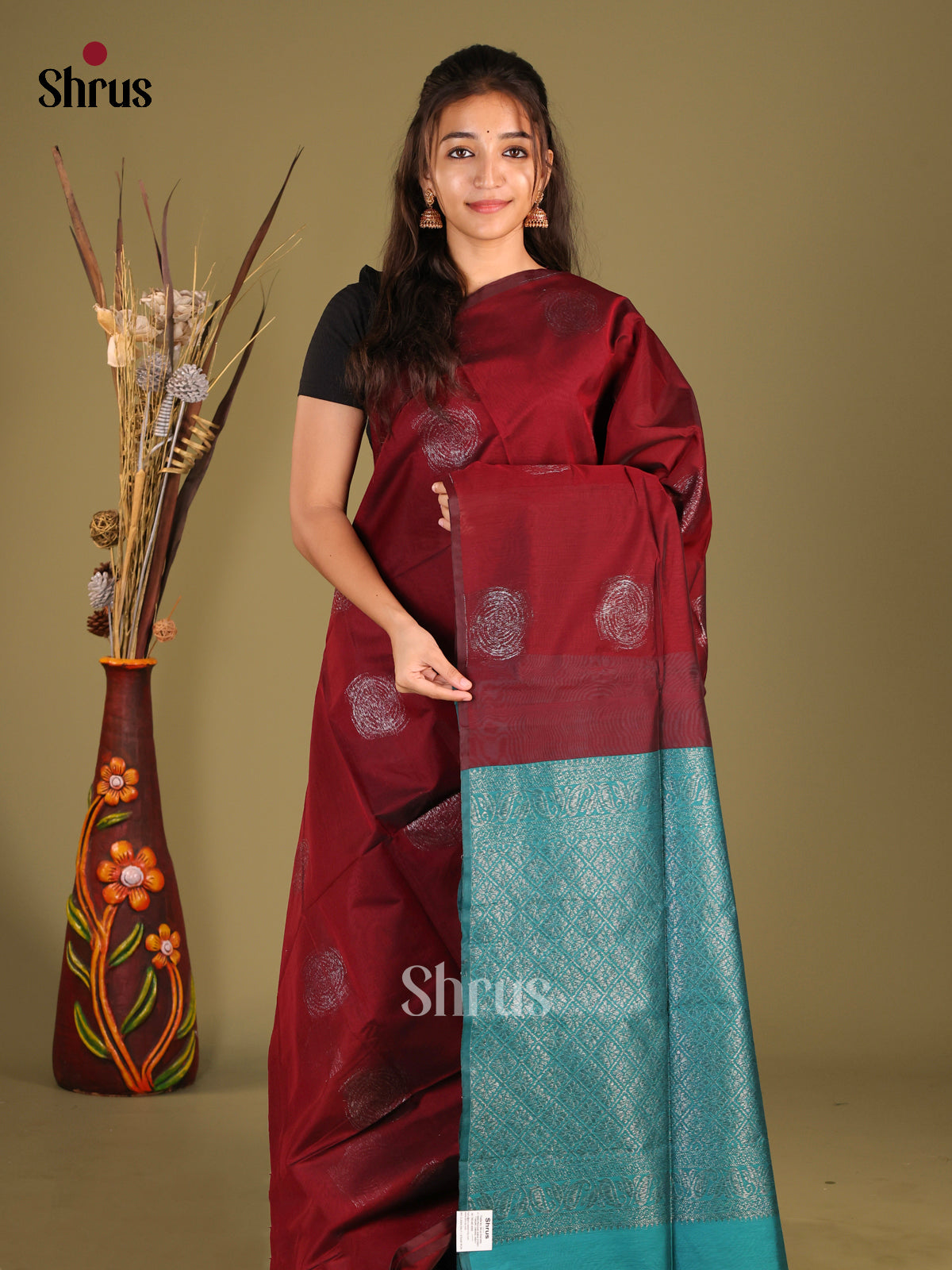 Maroon & Blue - Semi Silkcotton Saree - Shop on Shrus.com