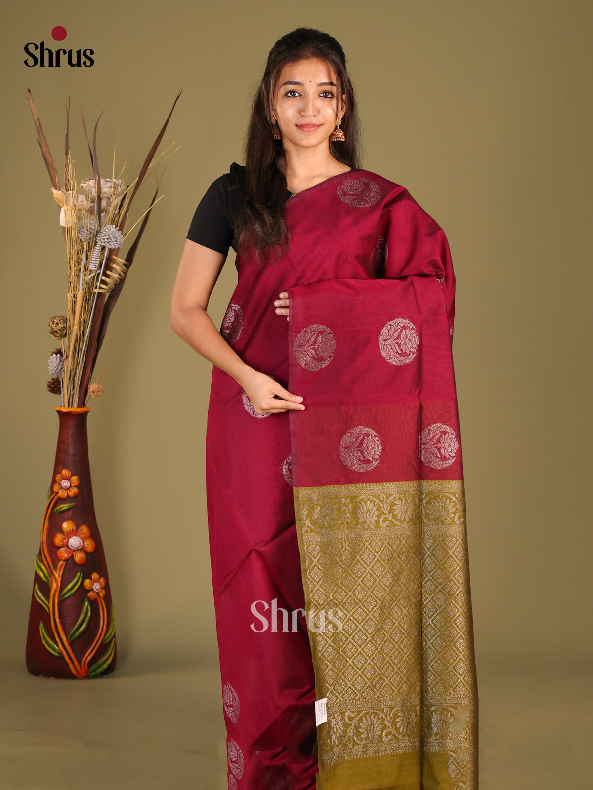Maroon & Green- Semi Silkcotton Saree - Shop on Shrus.com