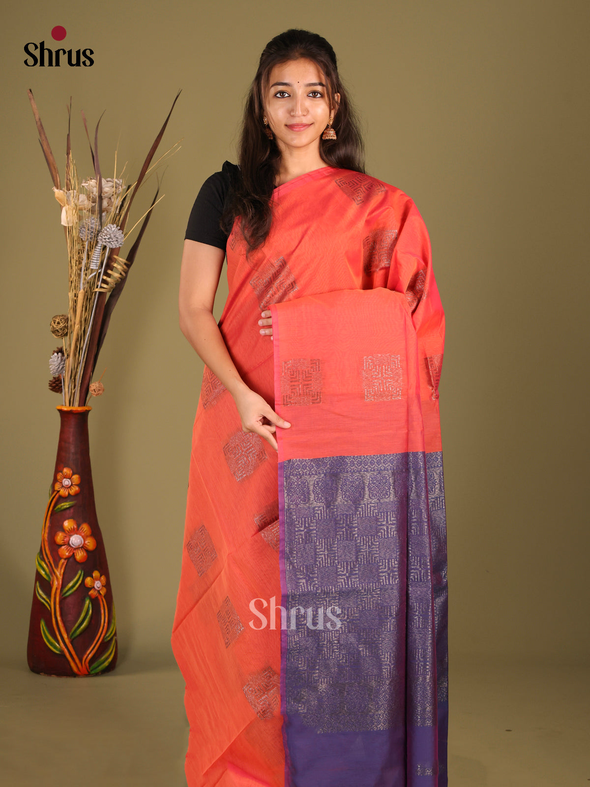 Orange & Blue - Semi Silkcotton Saree - Shop on Shrus.com