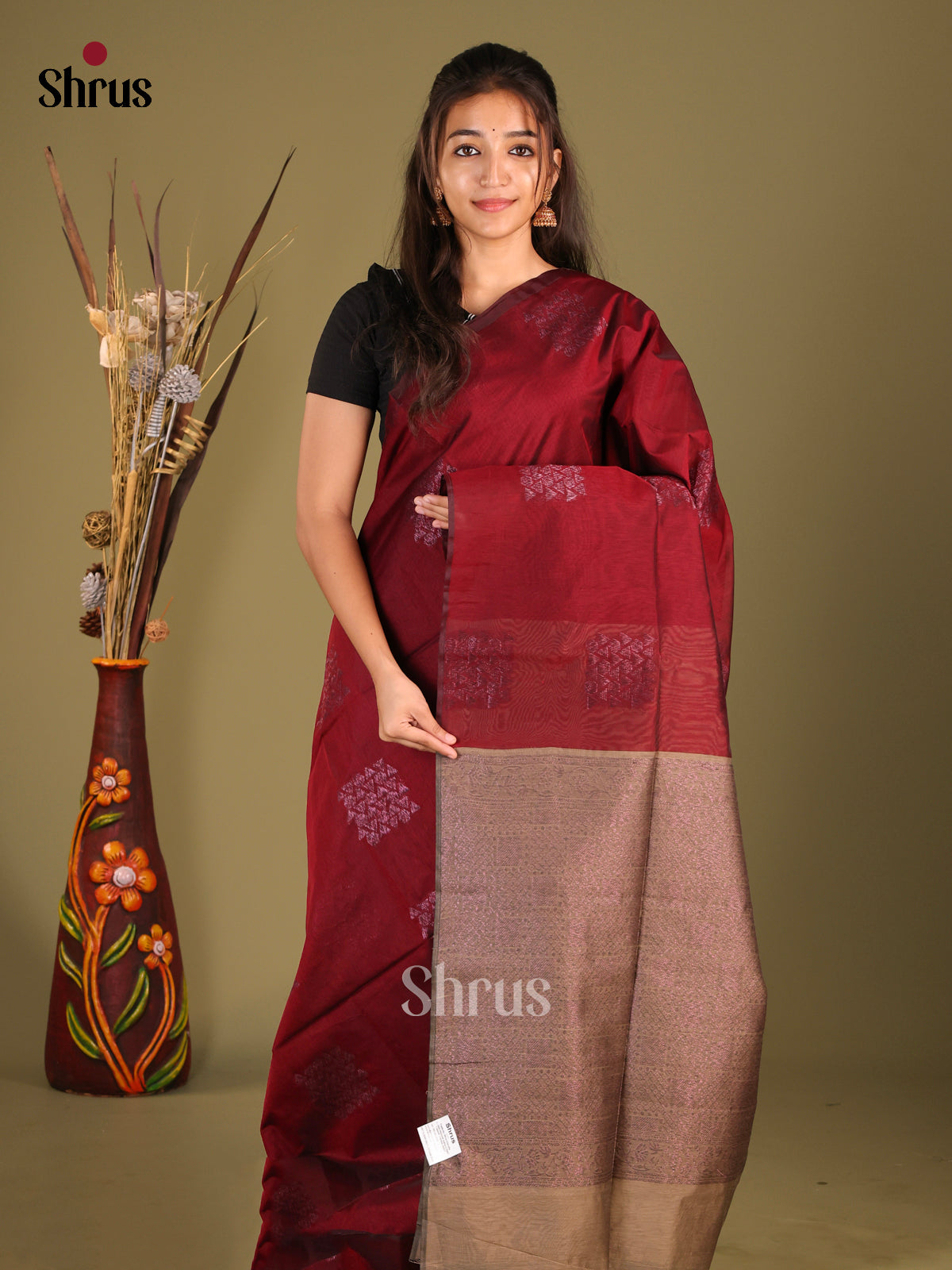 Maroon & Grey - Semi Silkcotton Saree - Shop on Shrus.com