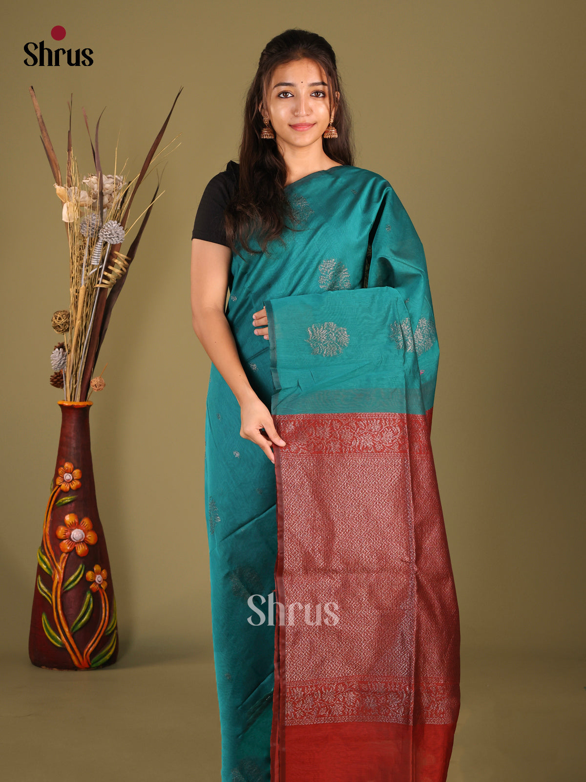 Peacock Blue & Maroon- Semi Silkcotton Saree - Shop on Shrus.com