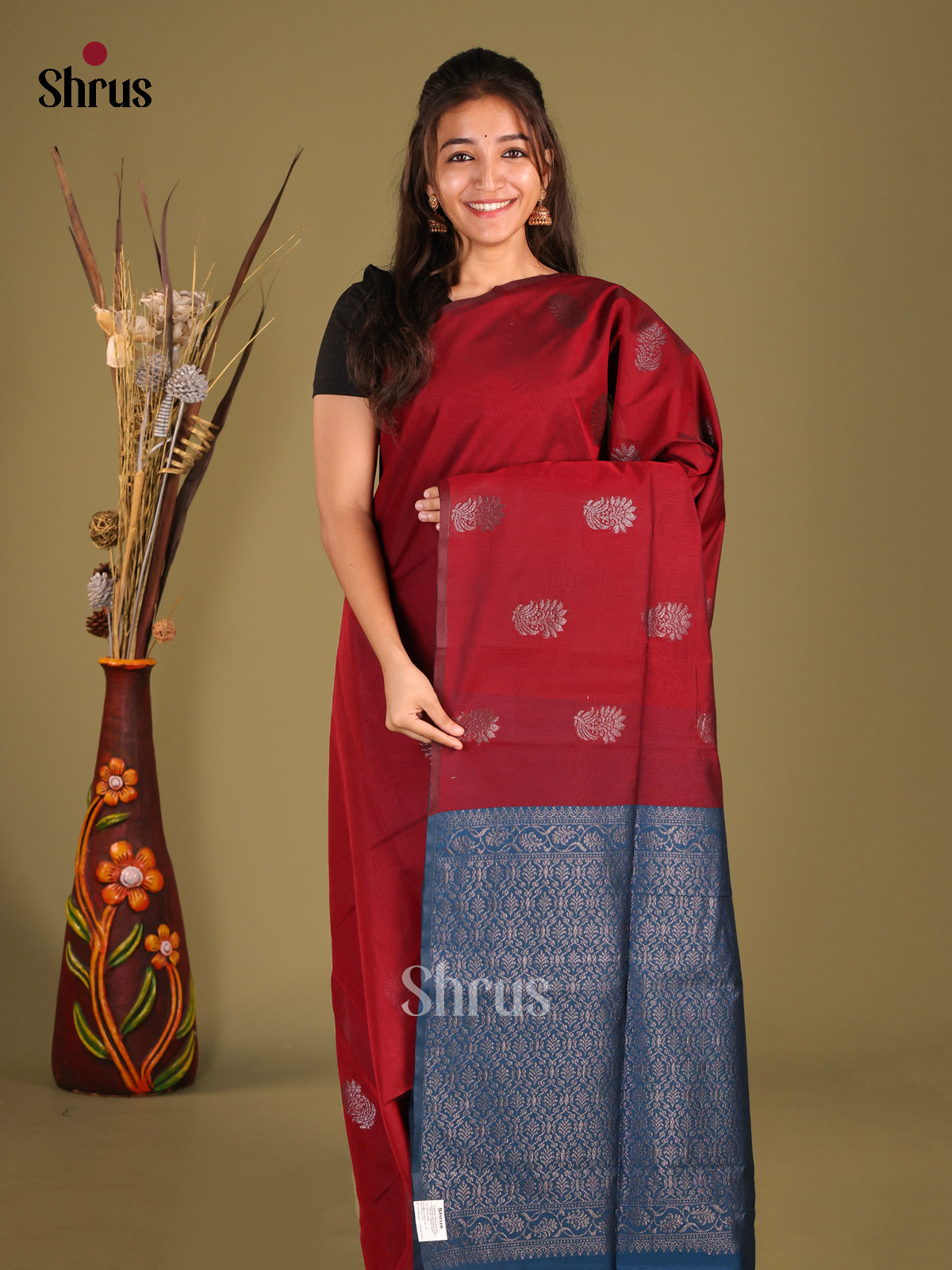 Maroon & Blue - Semi Silkcotton Saree - Shop on Shrus.com