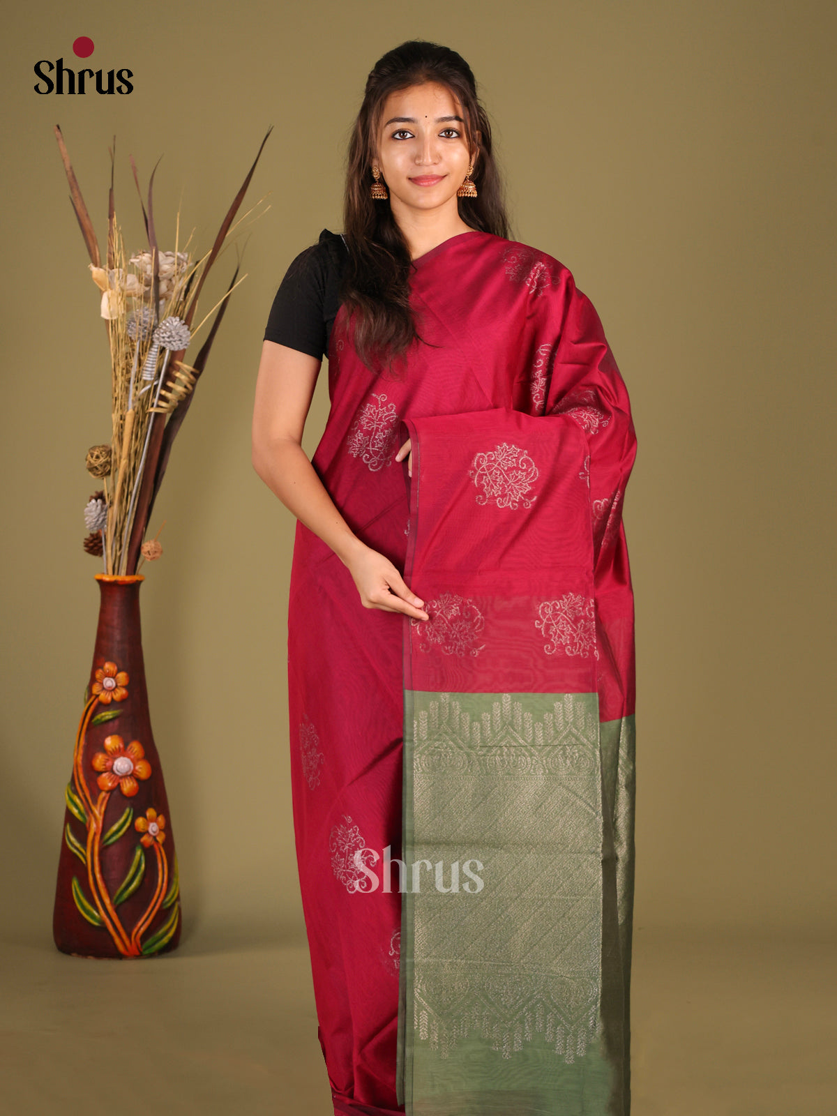 Maroon & Green - Semi Silkcotton Saree