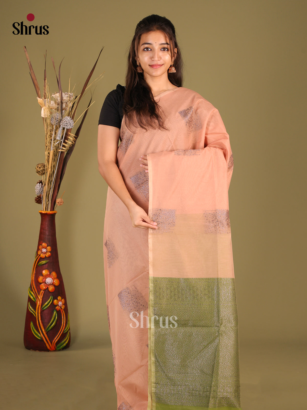 Dusty Brown & Green - Semi Silkcotton Saree - Shop on Shrus.com
