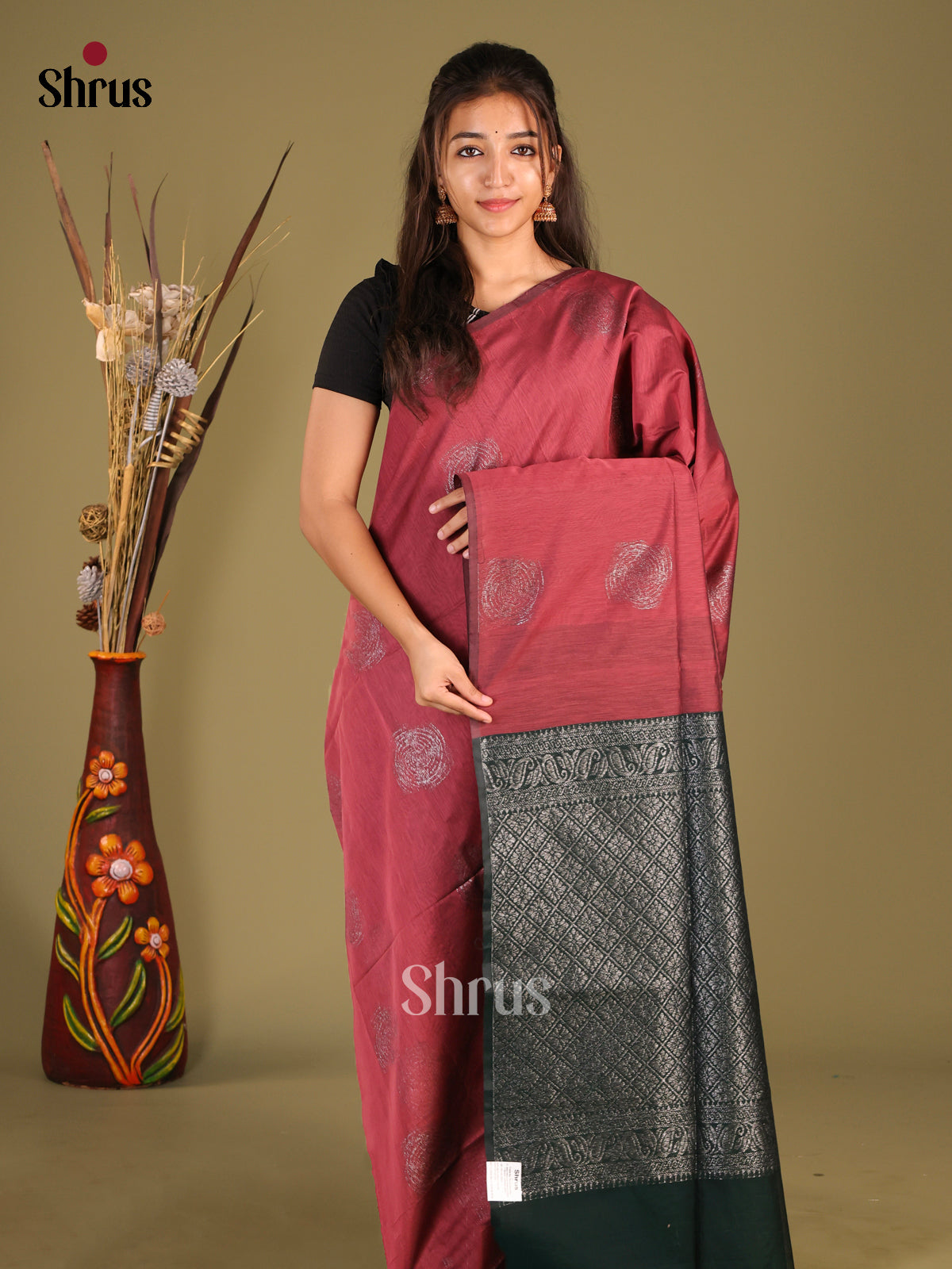 Maroon & Green - Semi Silkcotton Saree - Shop on Shrus.com