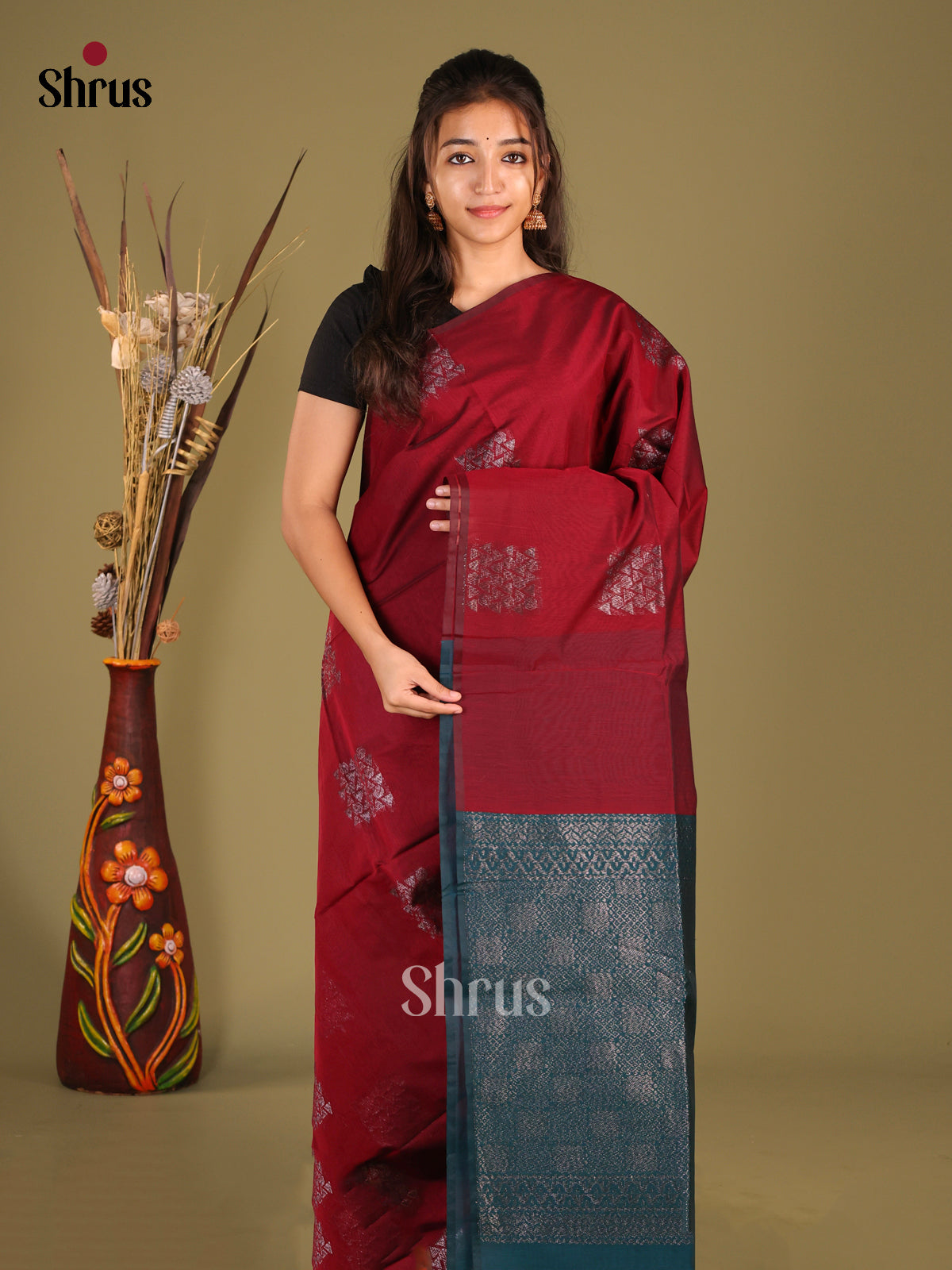 Maroon & Blue - Semi Silkcotton Saree - Shop on Shrus.com