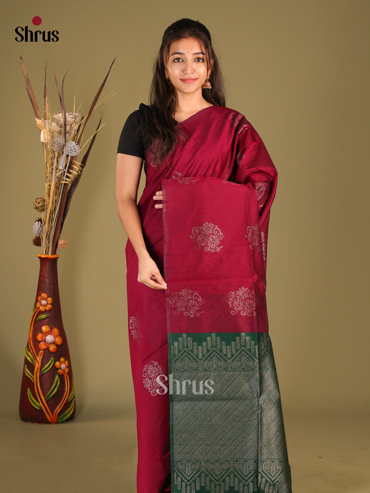 Maroon & Green - Semi Silkcotton Saree