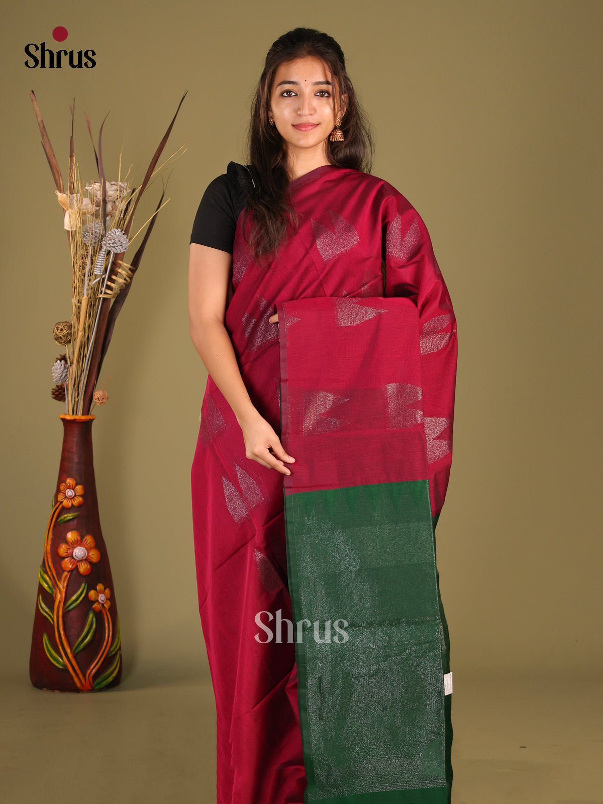 Maroon & Green - Semi Silkcotton Saree - Shop on Shrus.com