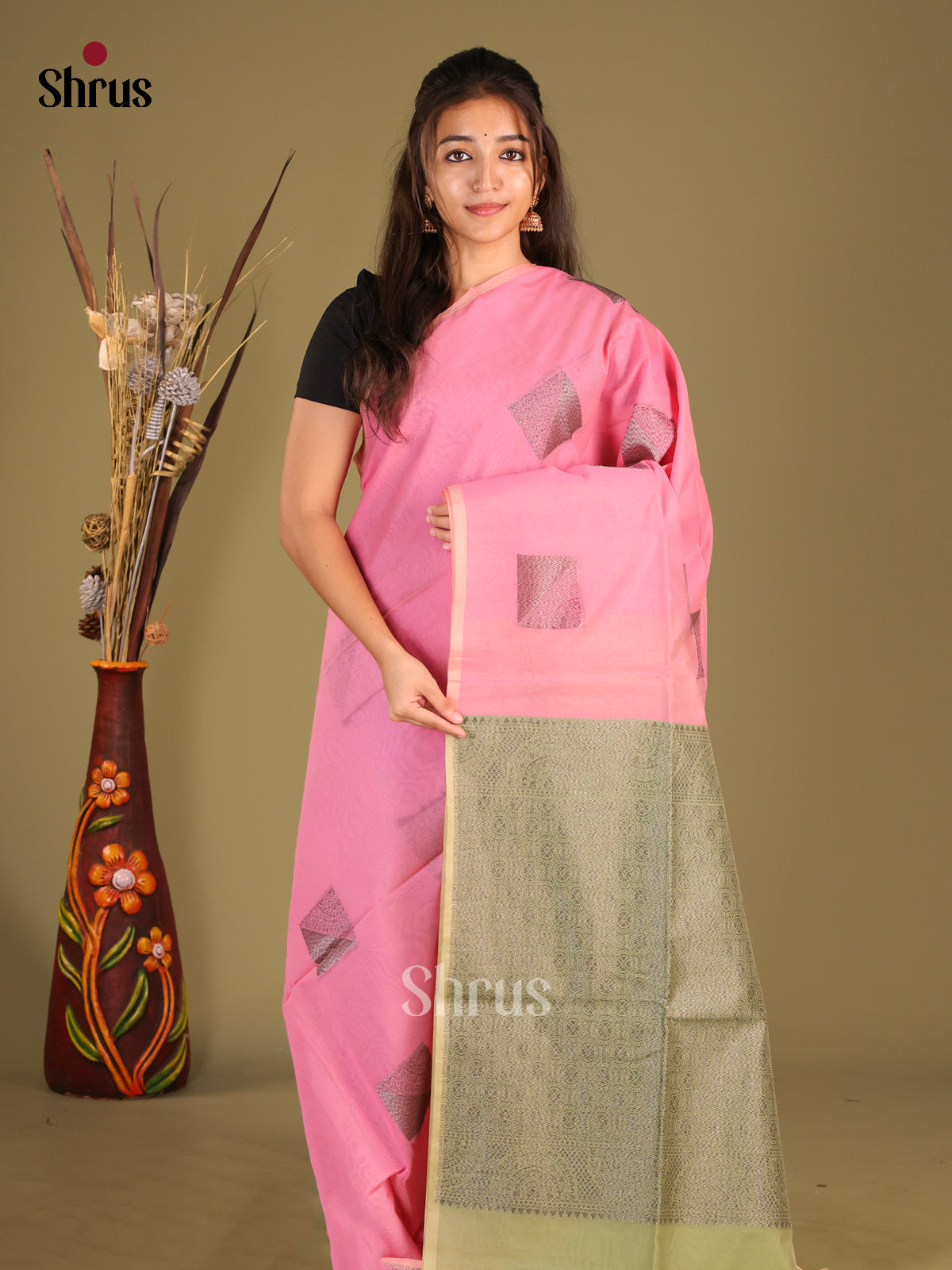 Pink & Grey Green - Semi Silkcotton Saree