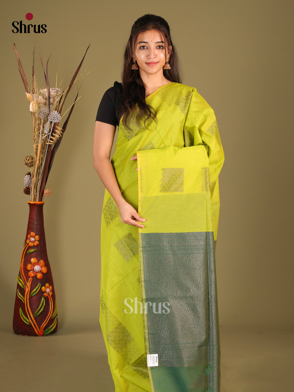 Lime Green & Green - Semi Silkcotton Saree - Shop on Shrus.com