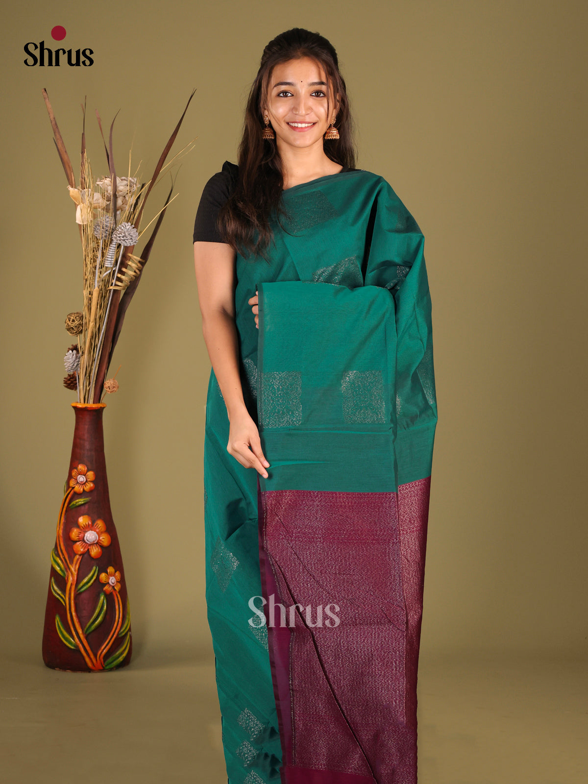 Green & Maroon - Semi Silkcotton Saree - Shop on Shrus.com