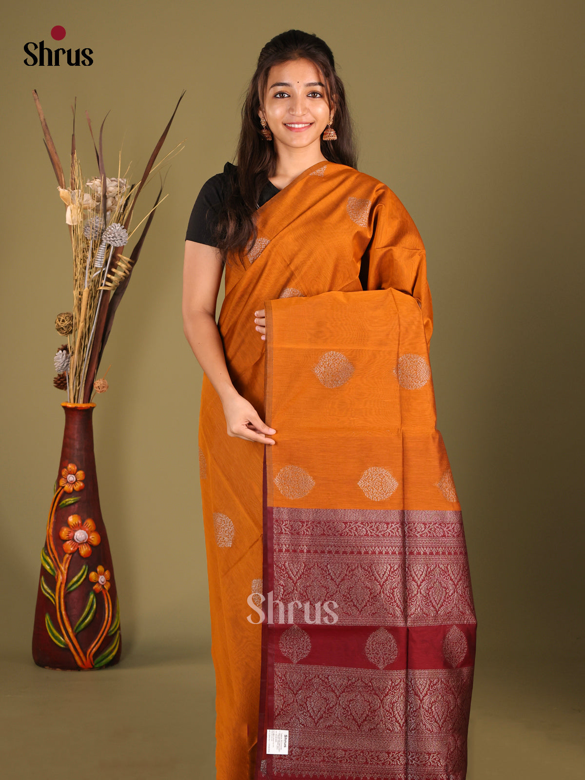 Dark Mustard & maroon - Semi Silkcotton Saree
