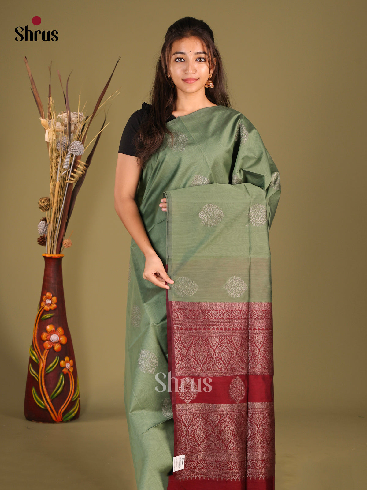 pastel green & Maroon - Semi Silkcotton Saree