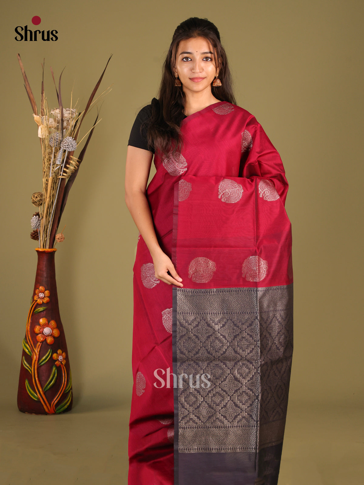 Maroon & Blue - Semi Silkcotton Saree - Shop on Shrus.com