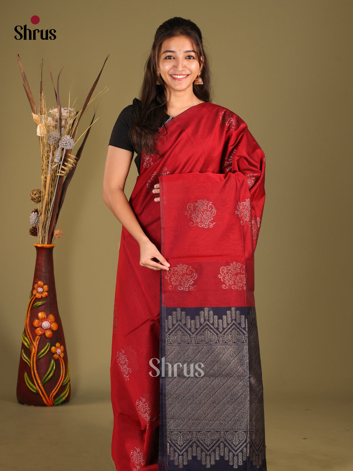 Maroon & Blue - Semi Silkcotton Saree - Shop on Shrus.com