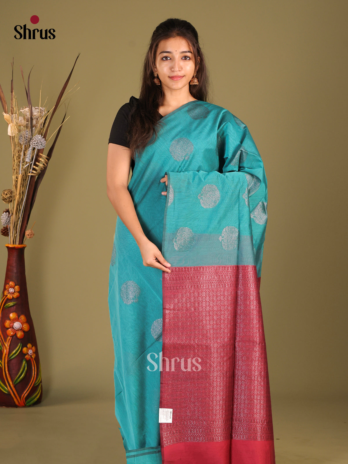 Green & Maoon - Semi Silkcotton Saree - Shop on Shrus.com