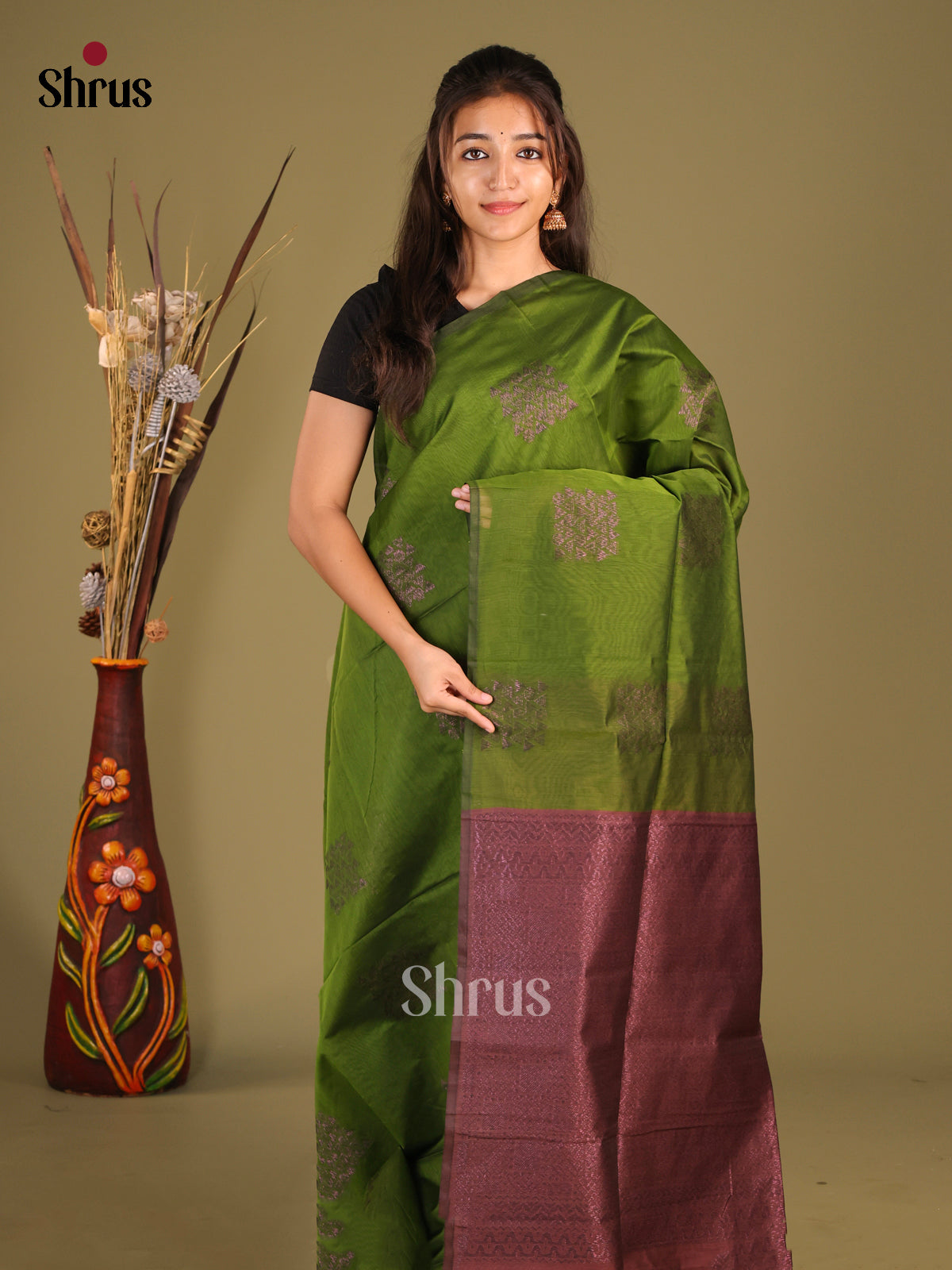 Green & Brown - Semi Silkcotton Saree - Shop on Shrus.com
