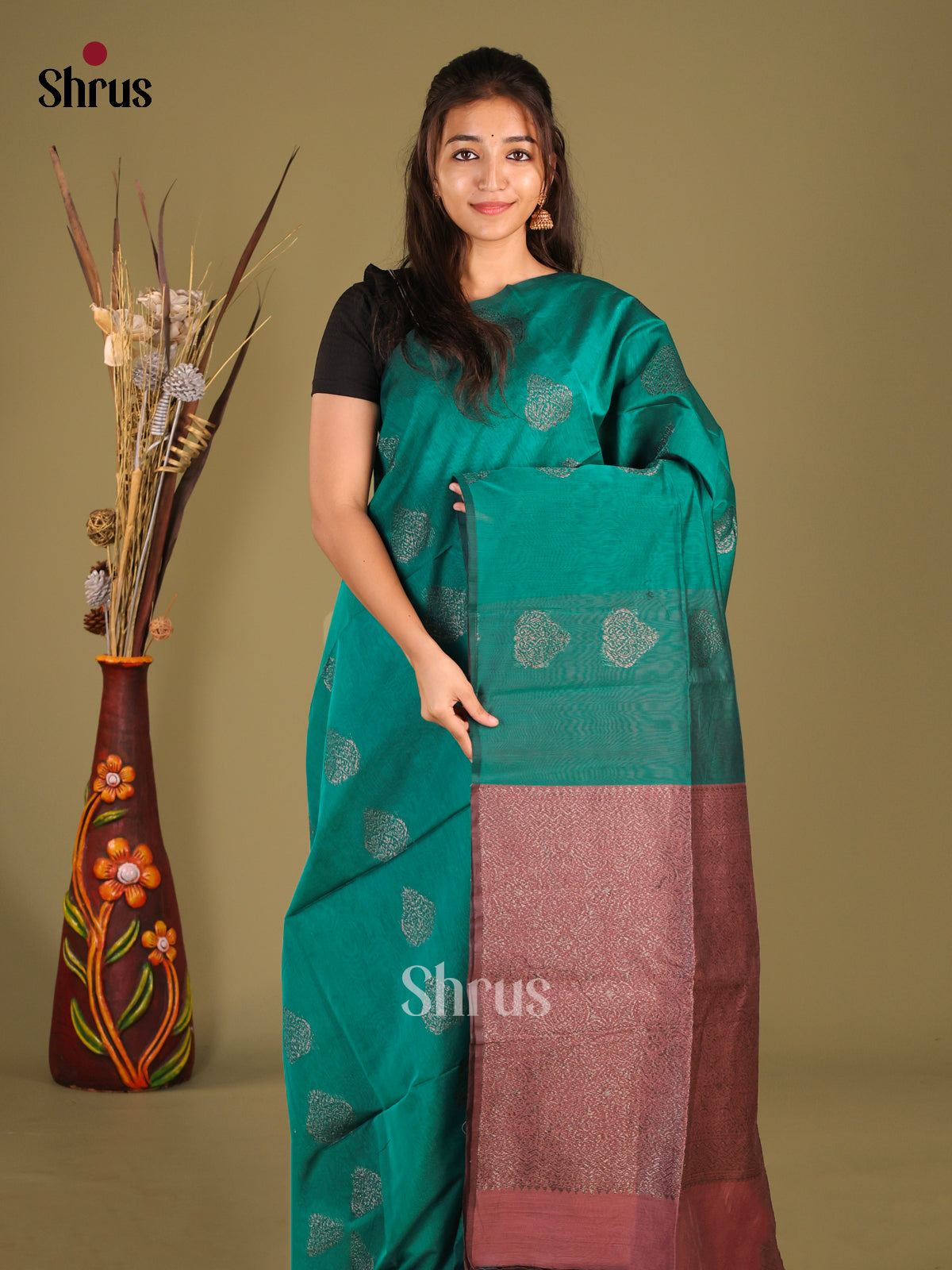 Green & Brown - Semi Silkcotton Saree - Shop on Shrus.com